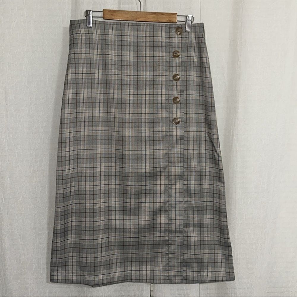 porridge x Anthropologie L Neutral Motif Button Side Plaid Midi Skirt - Picture 6 of 16